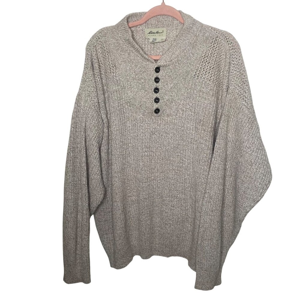 Vintage Eddie Bauer Cotton Knit Sweater Mens L Oatmeal 1/4 Button USA Preppy Fal